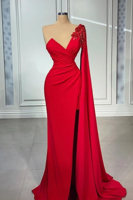 Red One-shoulder Sleeveless Mermaid Satin Floor-Length Prom Dresses With Ruffles Y155
