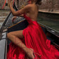 Red Satin Long Prom Dress Backless Evening Dress Y279