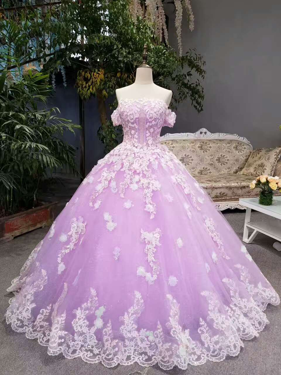 New Arrival Floral Wedding Dresses A-Line Floor Length Lace Up Off The Shoulder Ball Gown With Beads And Appliques Y1090