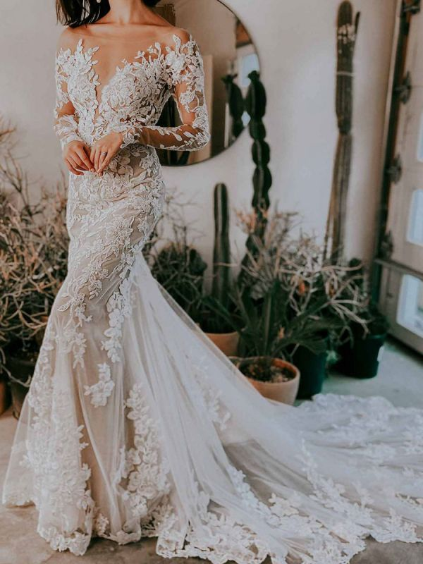 White Wedding Dress Illusion Neckline Long Sleeves Backless Natural Waist Lace With Train Long Bridal Mermaid Dress Y101