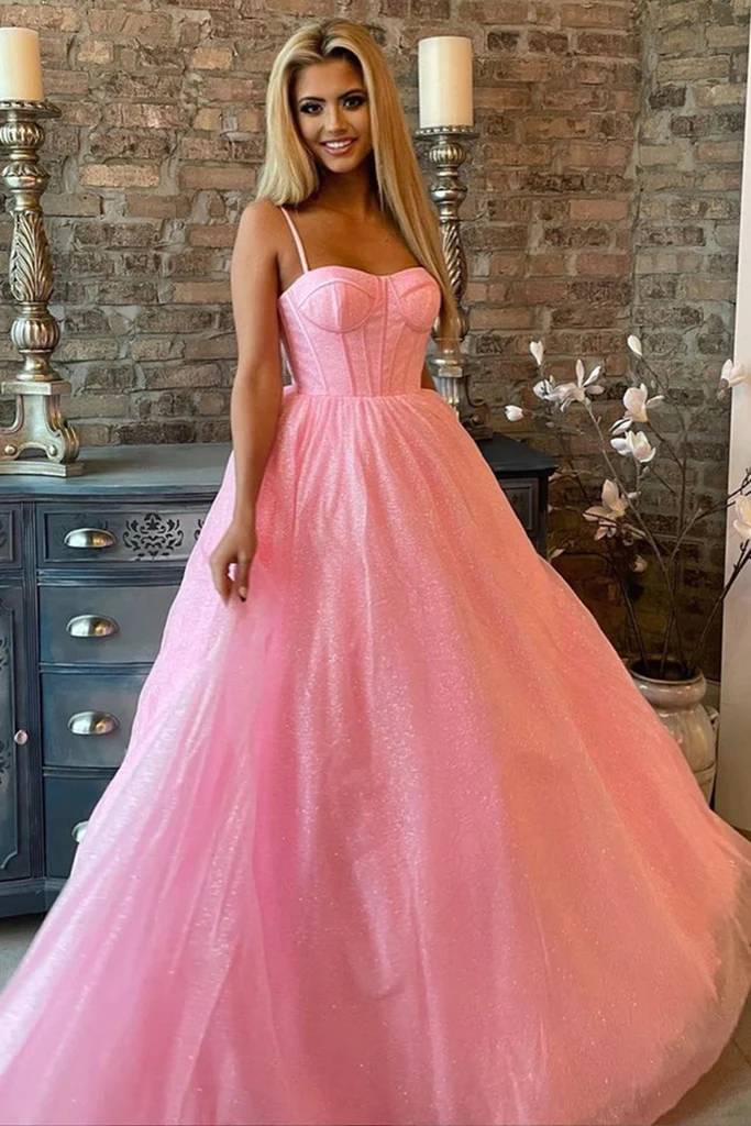 Shiny Pink Tulle Long Prom Dress, Spaghetti Straps Pink Formal Dress, Sparkly Pink Evening Dress Y209