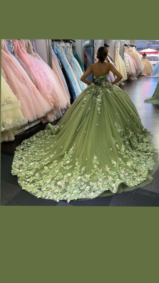 Green Quinceanera Dresses Princess Ball Gown Appliques 3D Flowers Party Sweet 15 Y121