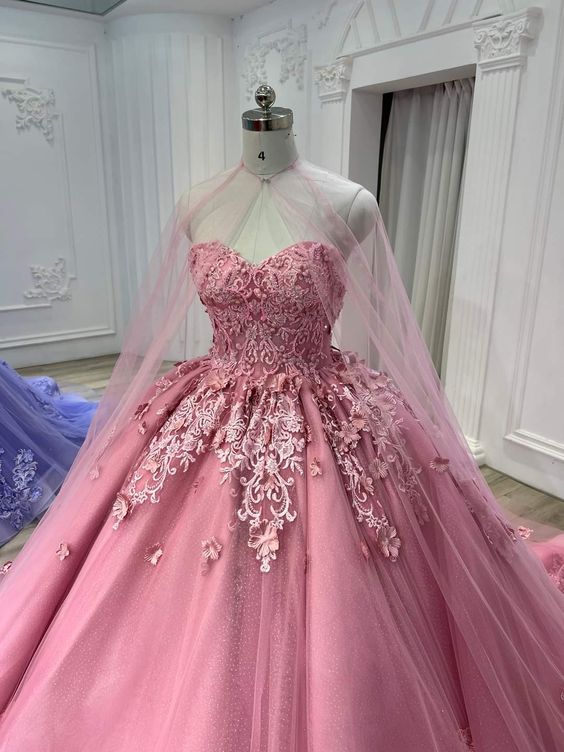 Sweetheart Pink Tulle Lace Ball Gown With Tulle Cape Sweet 16 Dress  Y709