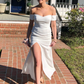 Off Shoulder Mermaid White Long Prom Dresses with High Slit, Mermaid White Formal Dresses Y247