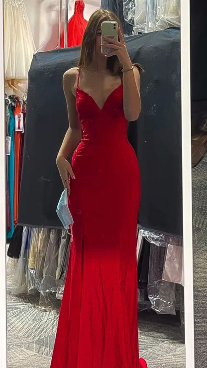 Elegant Red Mermaid Long Prom Dress V Neck Evening Dress Y422