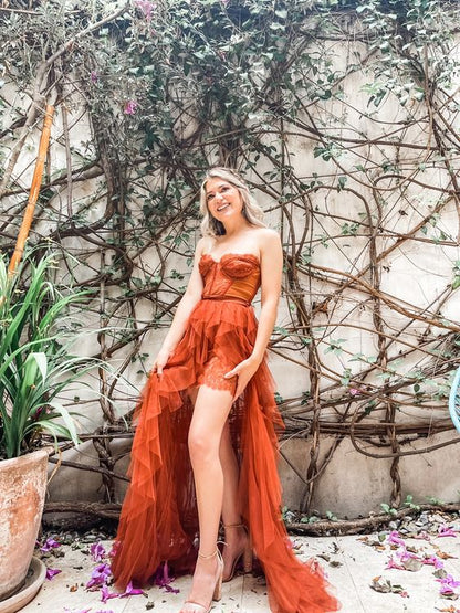 Rust Red Sweetheart High Low Tiered Formal Dress,Tulle Long Evening Prom Dresses Y1108