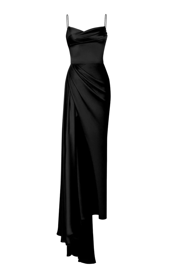 Spaghetti Straps Satin Simple Long Prom Dress  DRAPED SATIN GOWN WITH A TRAIN S21100