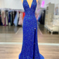 Halter Neck Royal Blue Long Prom Dresses, Shiny Royal Blue Long Formal Evening Dresses Y124