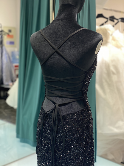 Glitter Mermaid Scoop Neck Black Sequins Long Prom Dresses with Cross Back Y1793