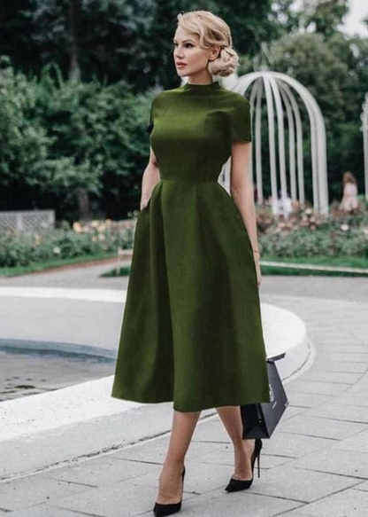 Olive Green A-line Satin Tea-length Prom Dress Vintage Party Dress Y691