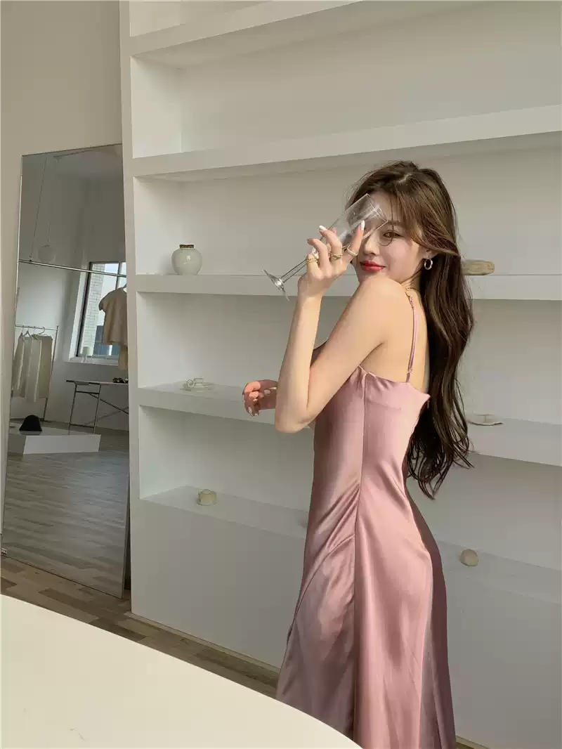 Elegant Spaghetti Strap Silk Side Slit Midi Semi Formal Dress,Sexy Slim Evening Dress For Women Y1197