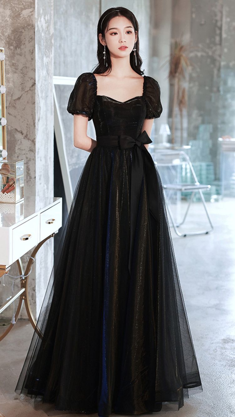 Black Tulle Long Prom Dress A line Evening Dress Y1138