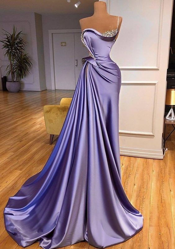 Luxury beaded evening dresses long elegant mermaid purple satin modest amazing sleeveless formal party dresses Y1149