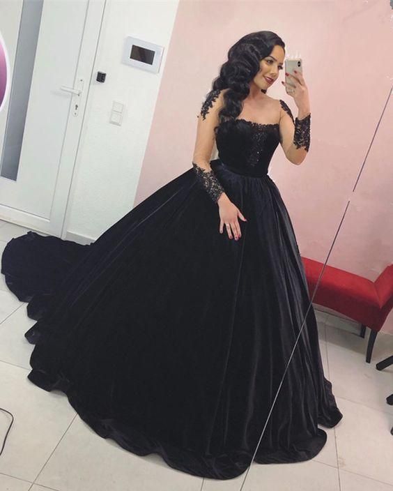 Black velvet wedding dresses ball gown lace appliques long sleeves for bride Y1151