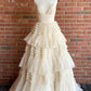 Ball Gown V Neck Straps Light Champagne Tulle Prom Dresses Y1875