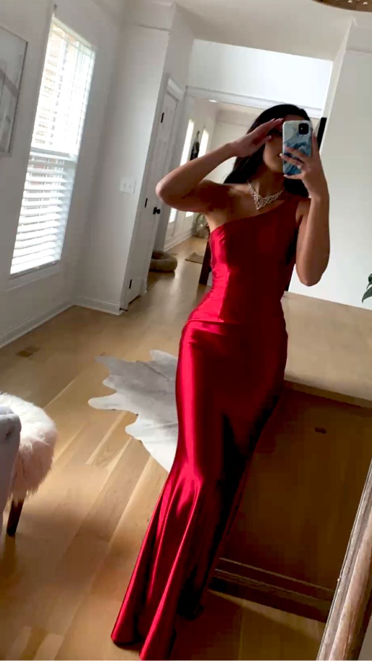 One Shoulder Red Satin Long Prom Dress Glamorous Evening Dress Y431