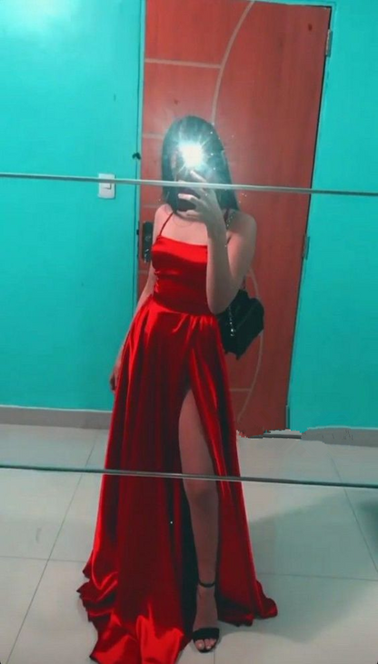 Red Satin Long Prom Dress For High School Girls Y265