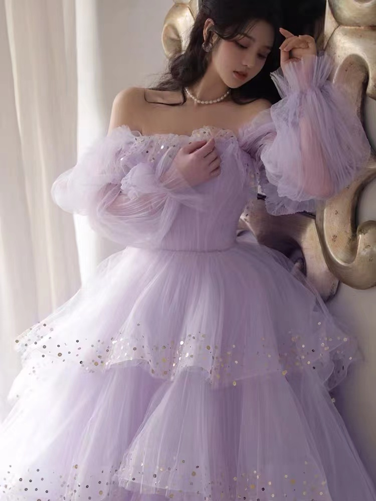 sparkly prom dresses, purple prom dresses, off the shoulder prom dresses, long sleeve prom dresses, tulle prom dress Y507