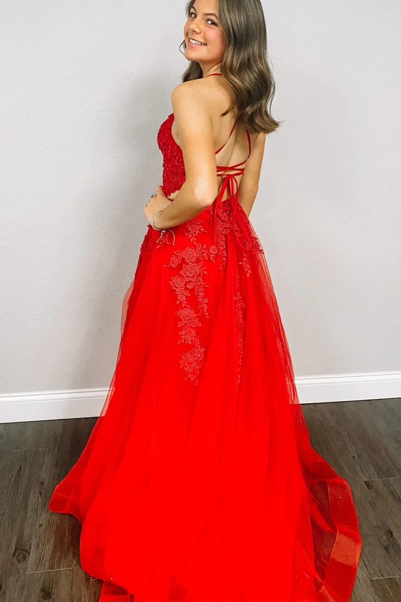 Elegant V Neck A-Line Red Appliqued Long Prom Dress Y761