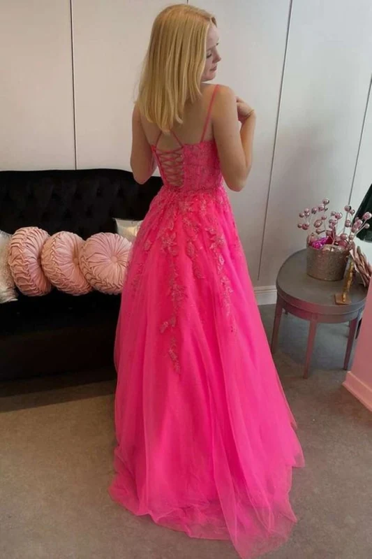 Open Back Hot Pink Tulle Lace Long Prom Dresses, Hot Pink Lace Formal Graduation Evening Dresses Y1585