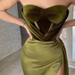 Elegant Olive Green Strapless Mermaid Velvet Bustier Prom Dresses Modest Evening Dress  Y377