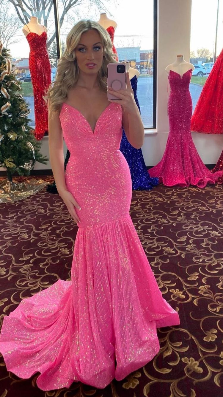 Long Pink Sleeveless Mermaid Sparkly Prom Dresses,Backless Prom Gown Y867