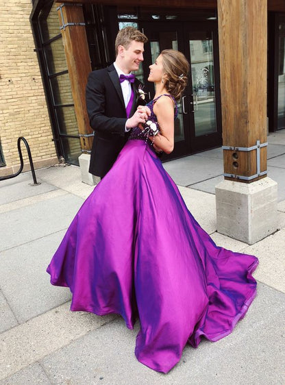 A-line V Neck Long Prom Dress With Beaded Top Y148