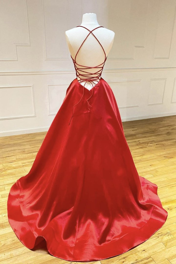 Red Satin Long Prom Dress Backless Formal Custom Simple Evening Dress Y764