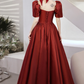 Burgundy Satin Long Prom Dresses, A-Line Short Sleeve Evening Dresses Y1170