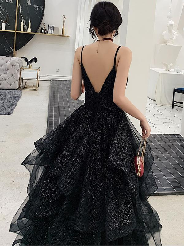 Shiny Black V Neck Prom Dresses, Backless Black V Neck Formal Evening Dress Y1767