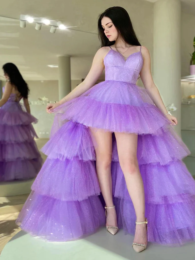 V Neck Purple High Low Prom Dresses, Purple High Low Formal Homecoming Dresses Y1689