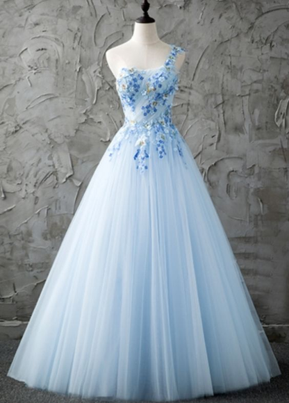 Blue One-Shoulder Prom Dresses,A-Line Beading Formal Dresses,Pleats Floor-Length Prom Dress Y862