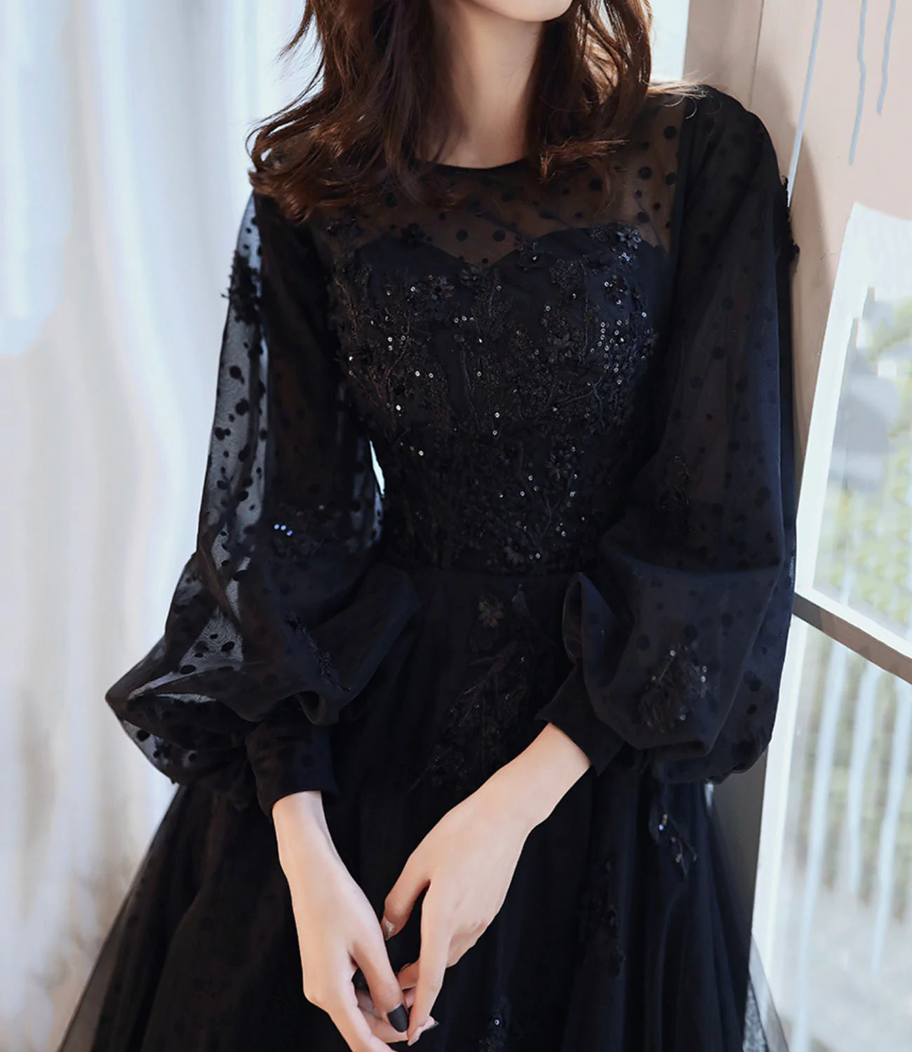 Black lace long prom dress A line evening gown Y1294