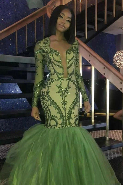 Green Sequins Prom Dresses,Sexy Mermaid Long-Sleeves Evening Gowns Y1456