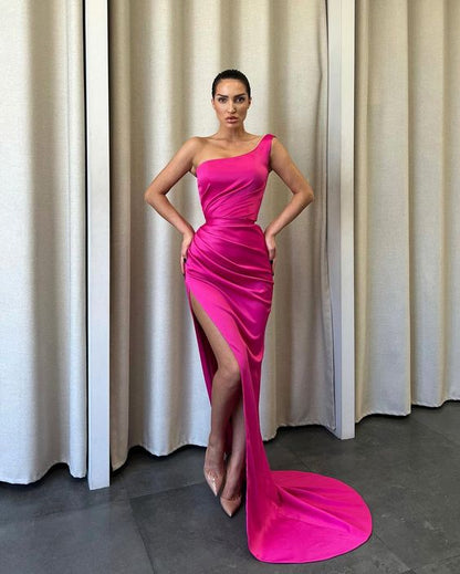 Sexy Mermaid One Shoulder Fuchsia Satin Long Prom Dresses With Slit Y361