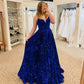 Sparkly V Neck Royal Blue Sequins Long Prom Dress Y356