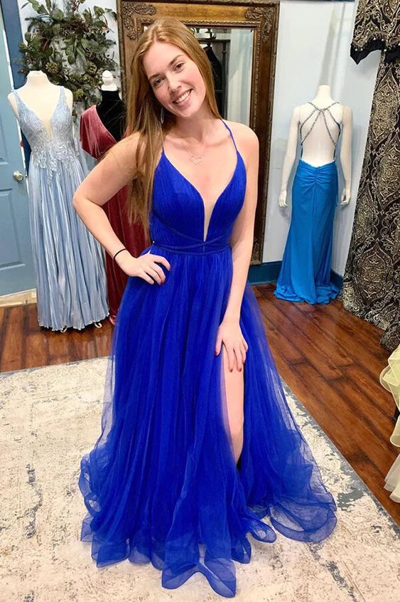 Royal Blue Tulle A-line V-neck Prom Dresses with Slit, Long Formal Dresses Y374