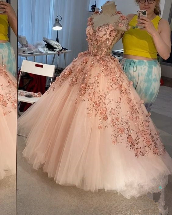 Blush Pink Flowers Applique Ball Gown,A Line Tulle Prom Dresses,Quinceanera Dresses Y388