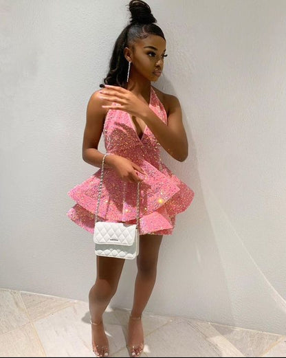 Shiny Black Girl Homecoming Dresses Short Pink 20th Birthday Dress Y404