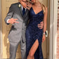 Blue Sequins Long Prom Dress Side Slit Glitter Evening Dress Y435