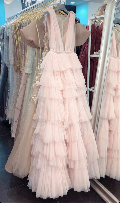A-line Pink Tulle Tiered Long Prom Dress For Teens Y1253