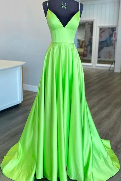 Simple A Line V Neck Green Satin Long Prom Dress, V Neck Green Formal Graduation Evening Dress Y215