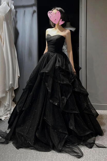 Black tulle long prom dress A line evening gown Y74
