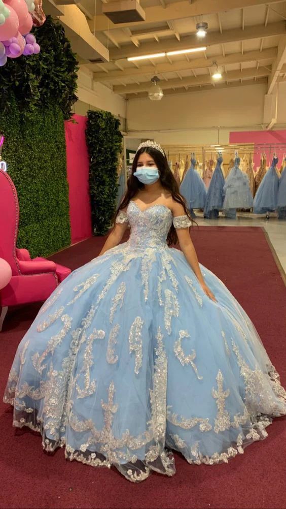 Light blue ball gown with appliques sweet 16 dress Y283