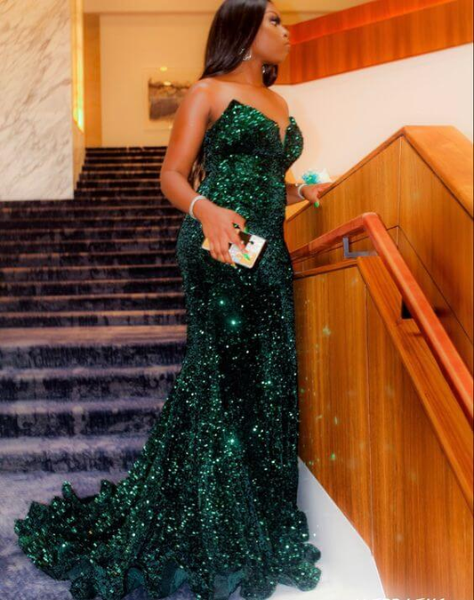 Sparkly Sequin Green Long Mermaid Evening Dresses Black Women Y558