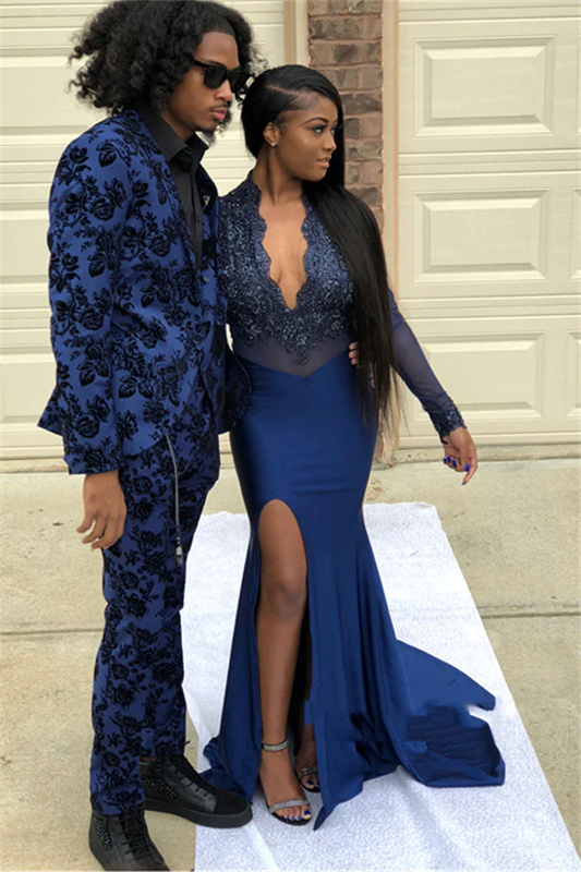 Navy Blue Long Sleeve V Neck Applique Split Front Mermaid Prom Dresses Y573