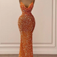 Orange V-Neck Mermaid Spaghetti-Straps Long Prom Dress With Sequins Y537