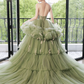 Green v neck tulle long prom dress, green tulle sweet 16 dress Y838