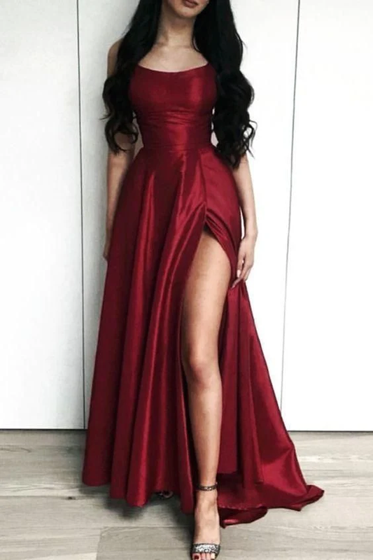 Charming Burgundy Side Slit Long Evening Dress, Sexy Prom Dresses  Y44