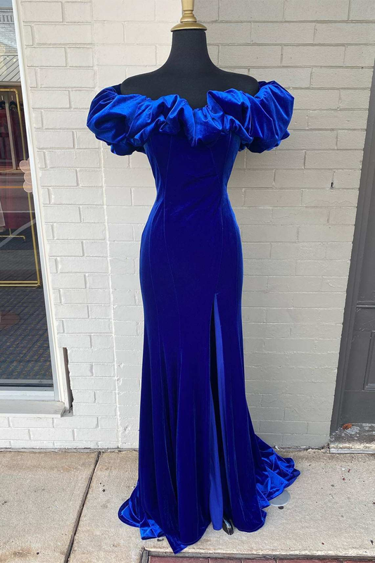 Ruffle Off the Shoulder Royal Blue Long Formal Dress with Slit,Charming Evening Dress  Y1569